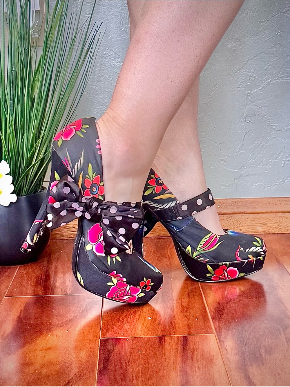 Iron Fist Satin Floral Tie Platform Heels with Black & White Polka Dot Bow